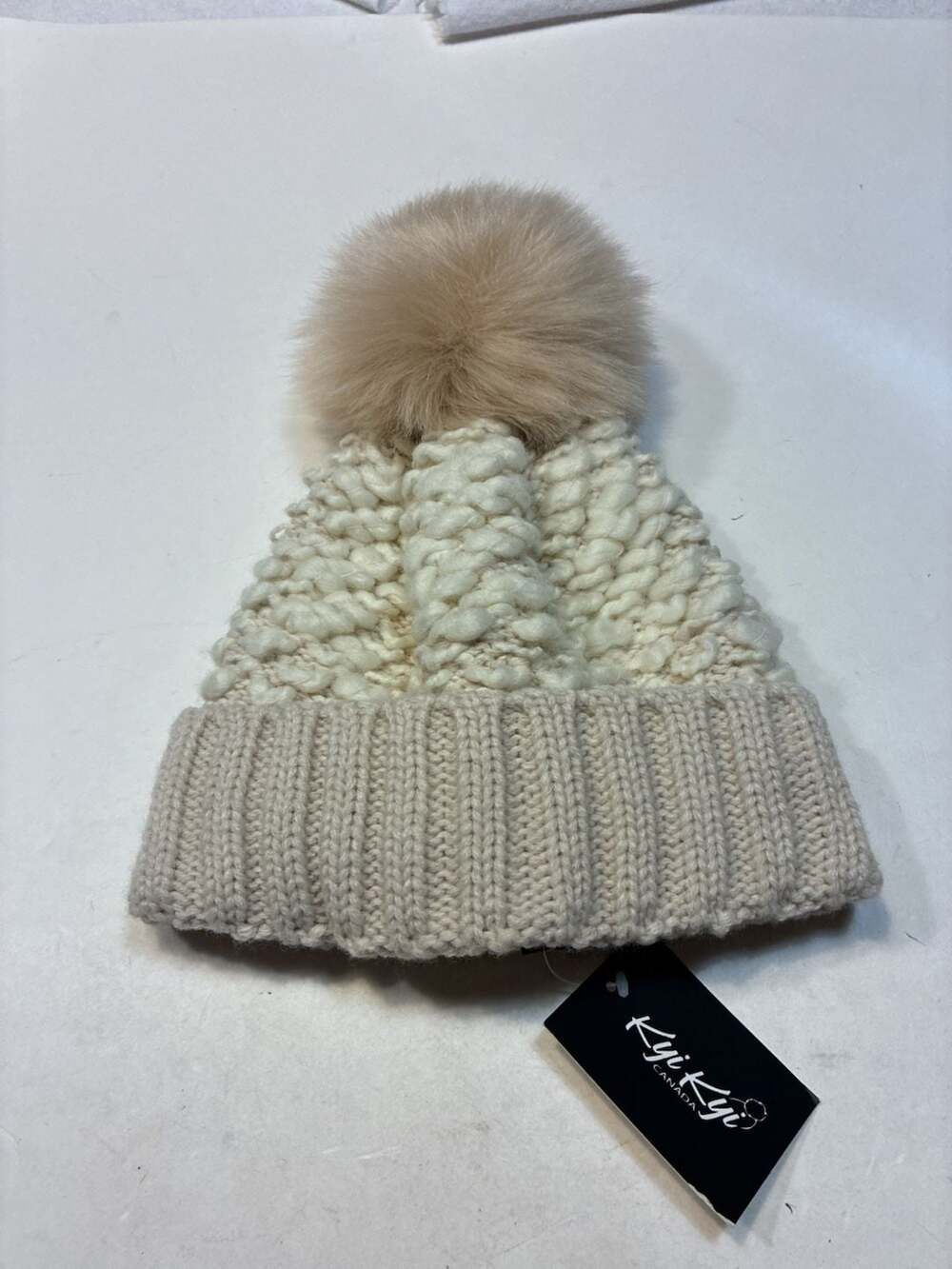 Kyi Kyi Canada Chunky Knit Cuffed Beanie with Faux Fur Pom